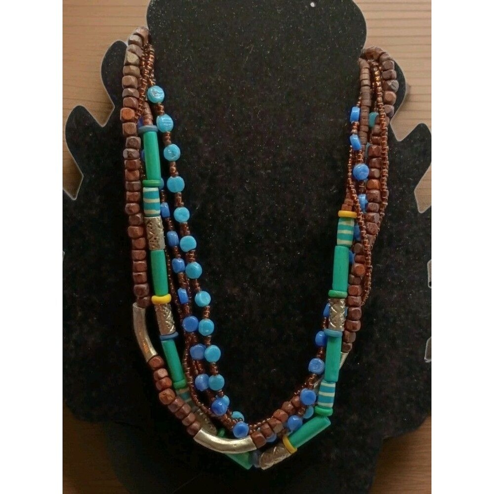 Six Layered Navajo Turquoise Silver Looking & Wooded Heishi Looking Necklace